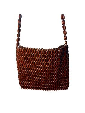 Brown Wood Beaded Women's Woven CrossBody Bag